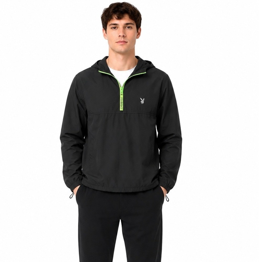 PLAYBOY Men's Hooded Half Zip Neon Green Trim Pullover Windbreaker Jacket Size M